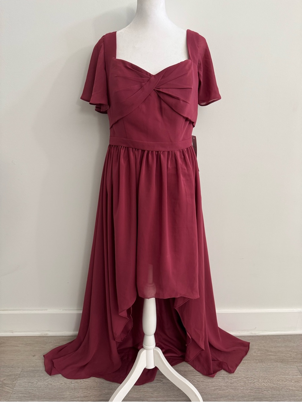 Burgundy High-Low Chiffon Dress with Twist Bodice